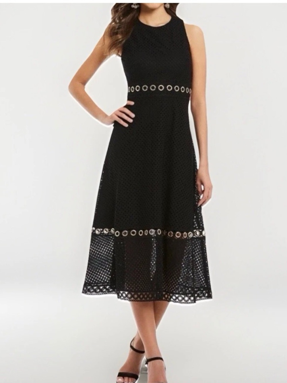Gianni Bini Black Eyelet Midi Dress with Grommet Trim